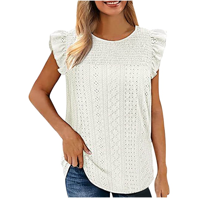 Hauts à Manches à Volants pour Femmes, Débardeur Sans Manches à Col Rond Uni avec Panneau Découpé, Hauts à Volants Sans Manches, Hauts à Manches 1/2 pour Femmes