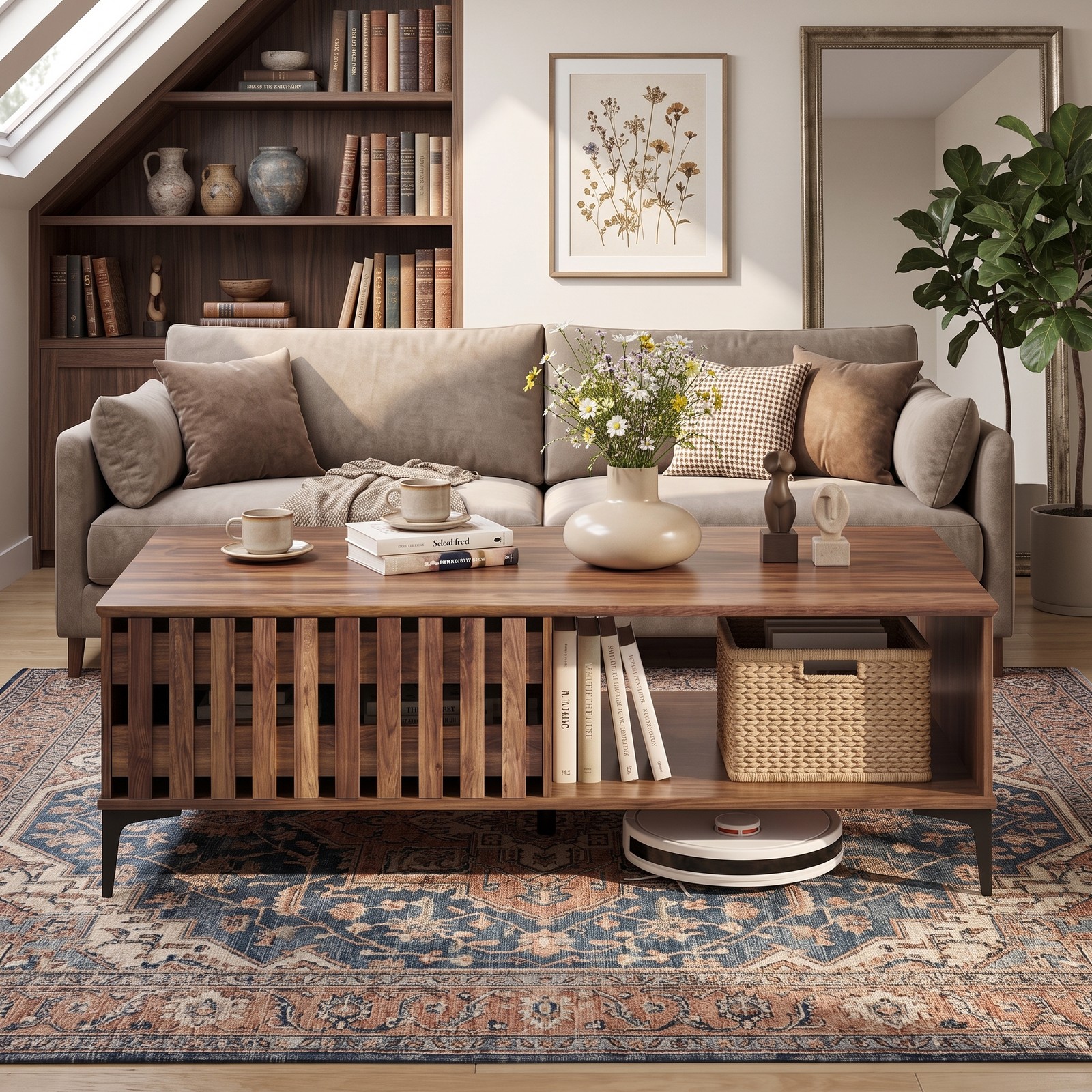 Furnibear 47 Inch Mid Century Coffee Table, Farmhouse Wooden Center Table with Storage Cabinets and Open Compartment, Rustic Living Room Sofa Accent Table with, Walnut