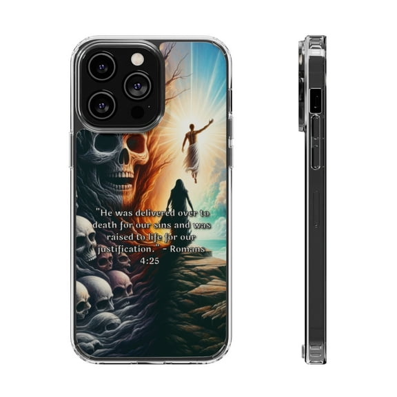DistinctInk Hybrid (Acrylic / TPU) Clear Slim Fit Case for Apple iPhone 13 Pro MAX (6.7" Screen) - Delivered for Our Sins: Romans 4:25 Explanation