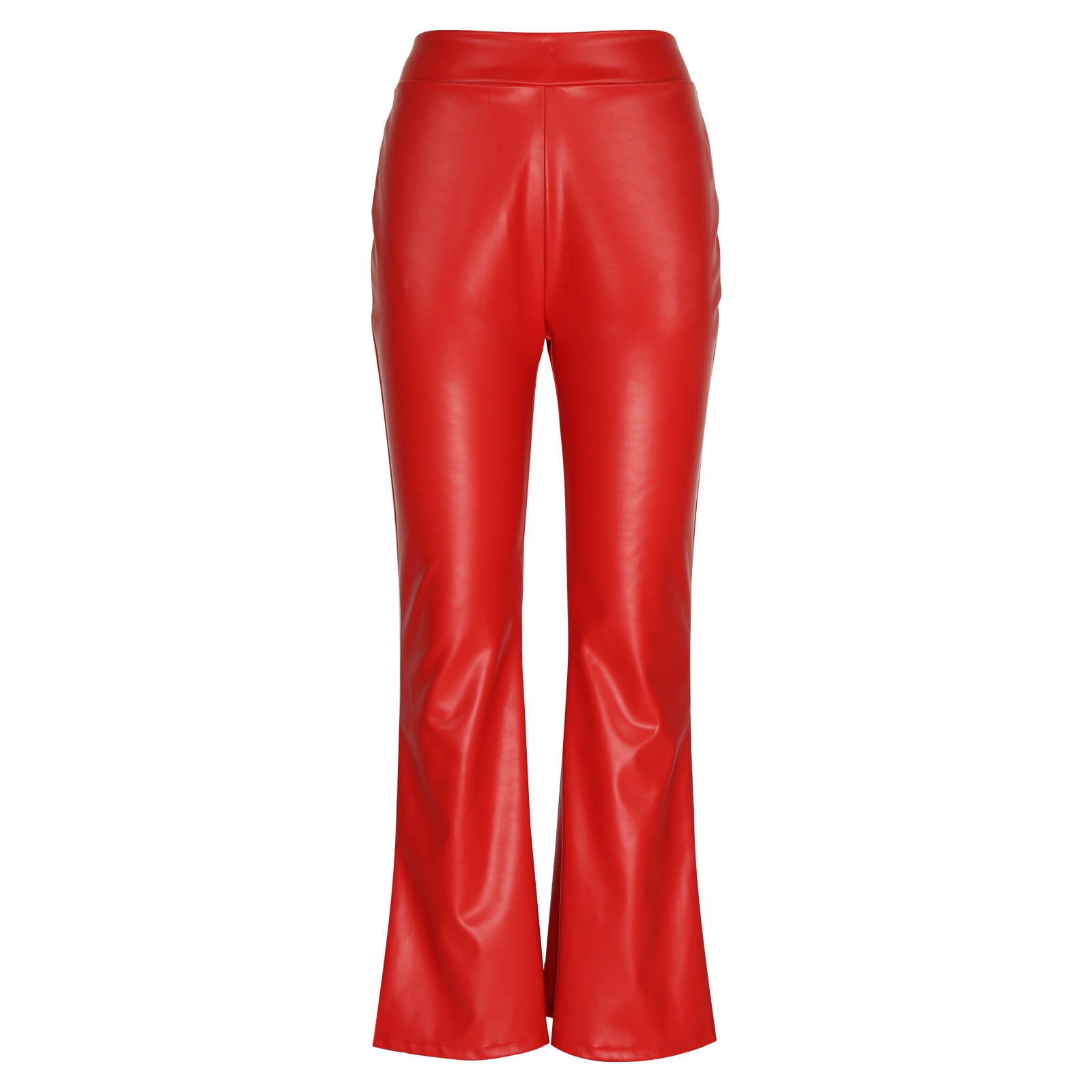 Miluxas Women Faux Leather Pants PU High Waist Straight Leg Pants with Pockets Leather Leggings Bell Bottom Flare Pants Red 6(M)