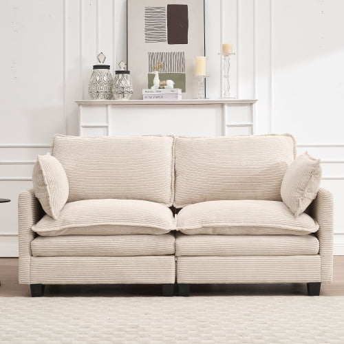 69" Velvet Mid-Century Loveseat Sofa, 2 Seater Accent Loveseat Couch with Pocket Springs, Upholstered Loveseat with Armrest Bags for Living Room, Beige