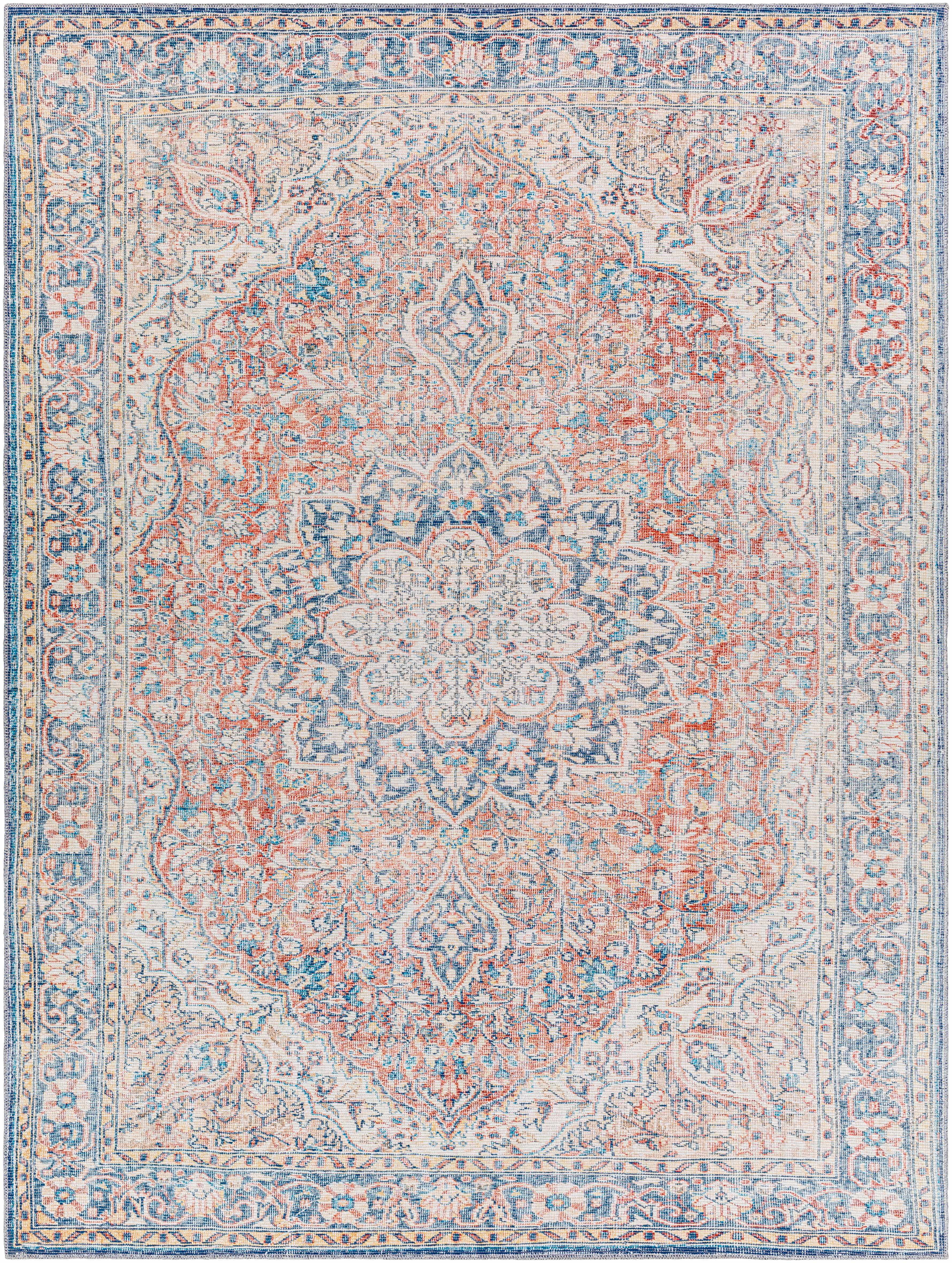 Hauteloom Wacousta Machine Washable Hallway Kitchen Runner Rug - Oriental Traditional Medallion - Bohemian Vintage Distressed Long Carpet - Brick Red, Blue, Yellow - 2'7" x 10'