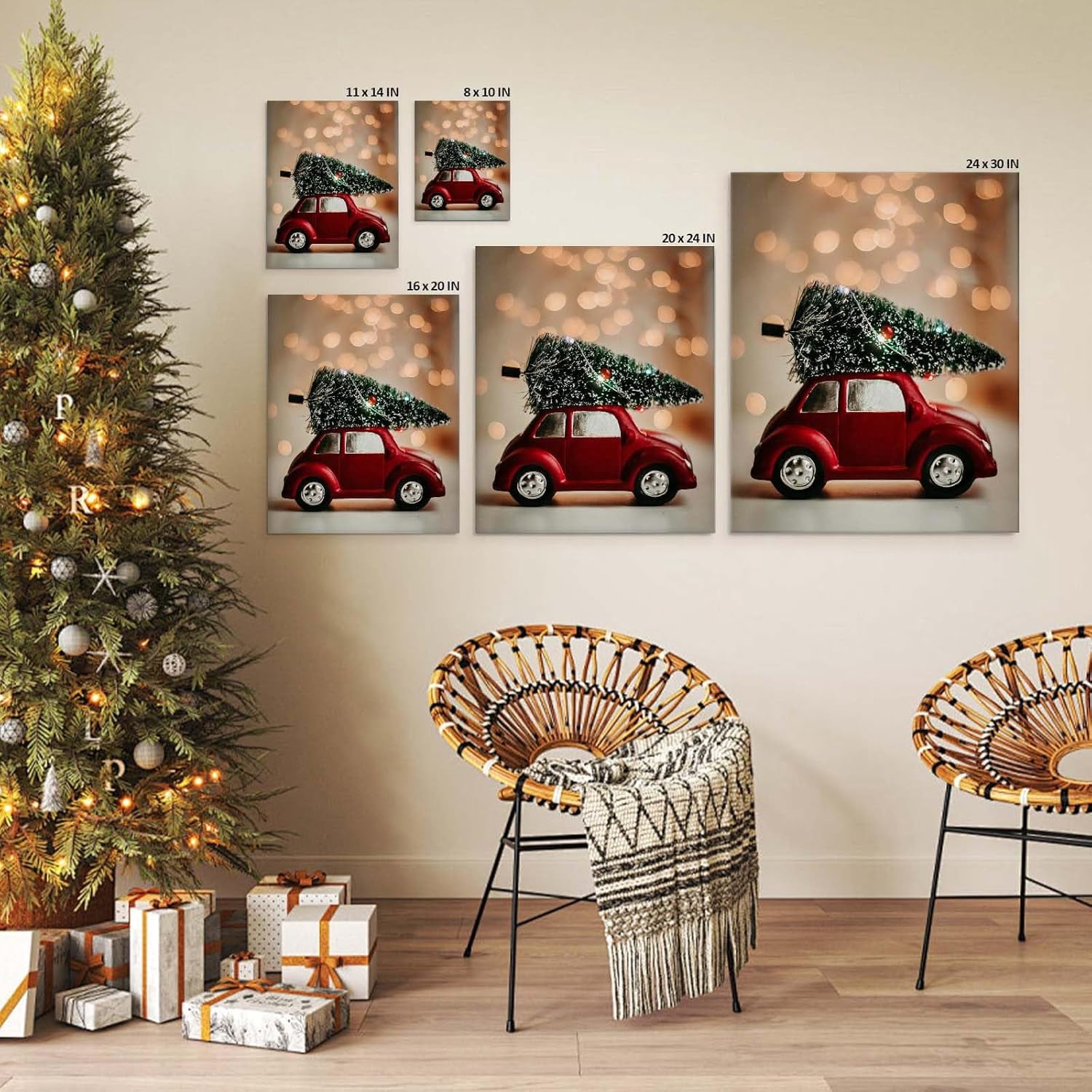 Christmas canvas wall art decor, Red Sedan with Cedar Trees and Lights, Festive Wall Decor for Living Room, Bedroom, Dining Room or Office, Adds Holiday Warmth to Your Home?8X10inch