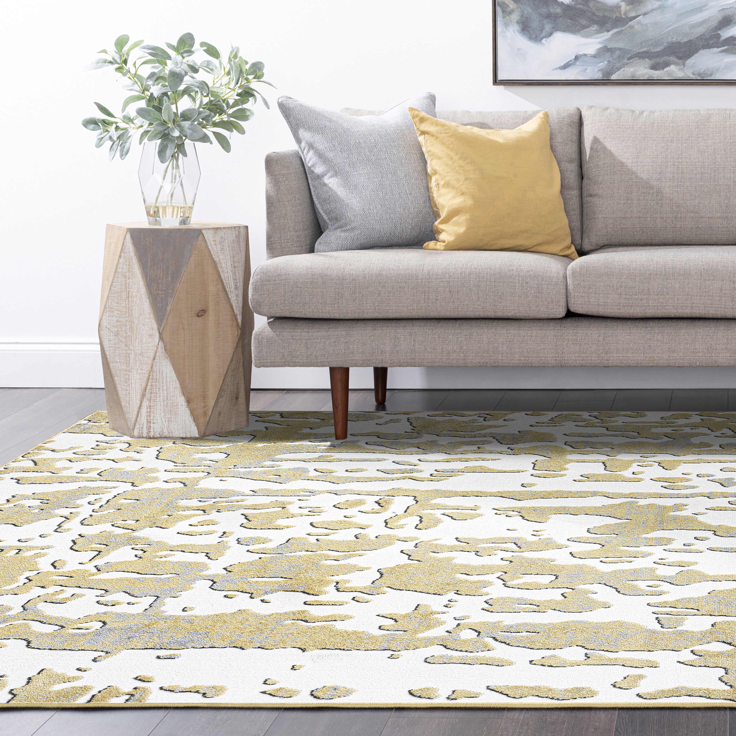 Contemporary 8x10 Area Rug (7'11'' x 10'3'') Abstract Yellow, Gray Living Room Easy to Clean