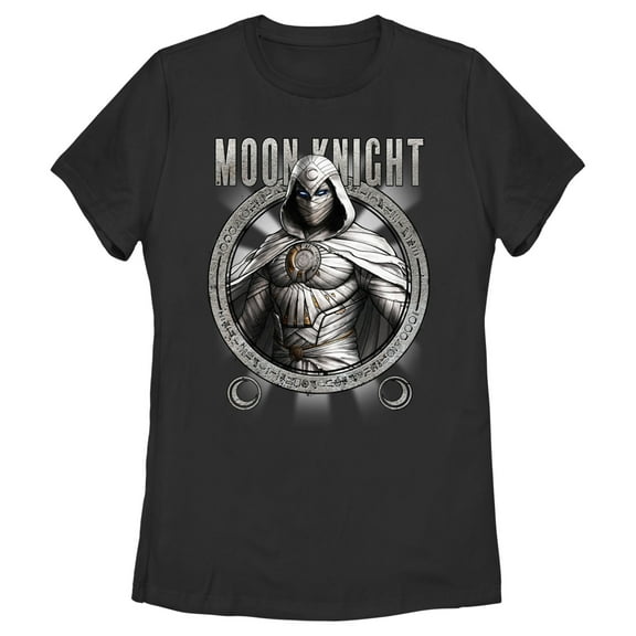 Women's Marvel: Moon Knight Hieroglyph Frame Evil Beware  Graphic Tee Black Small