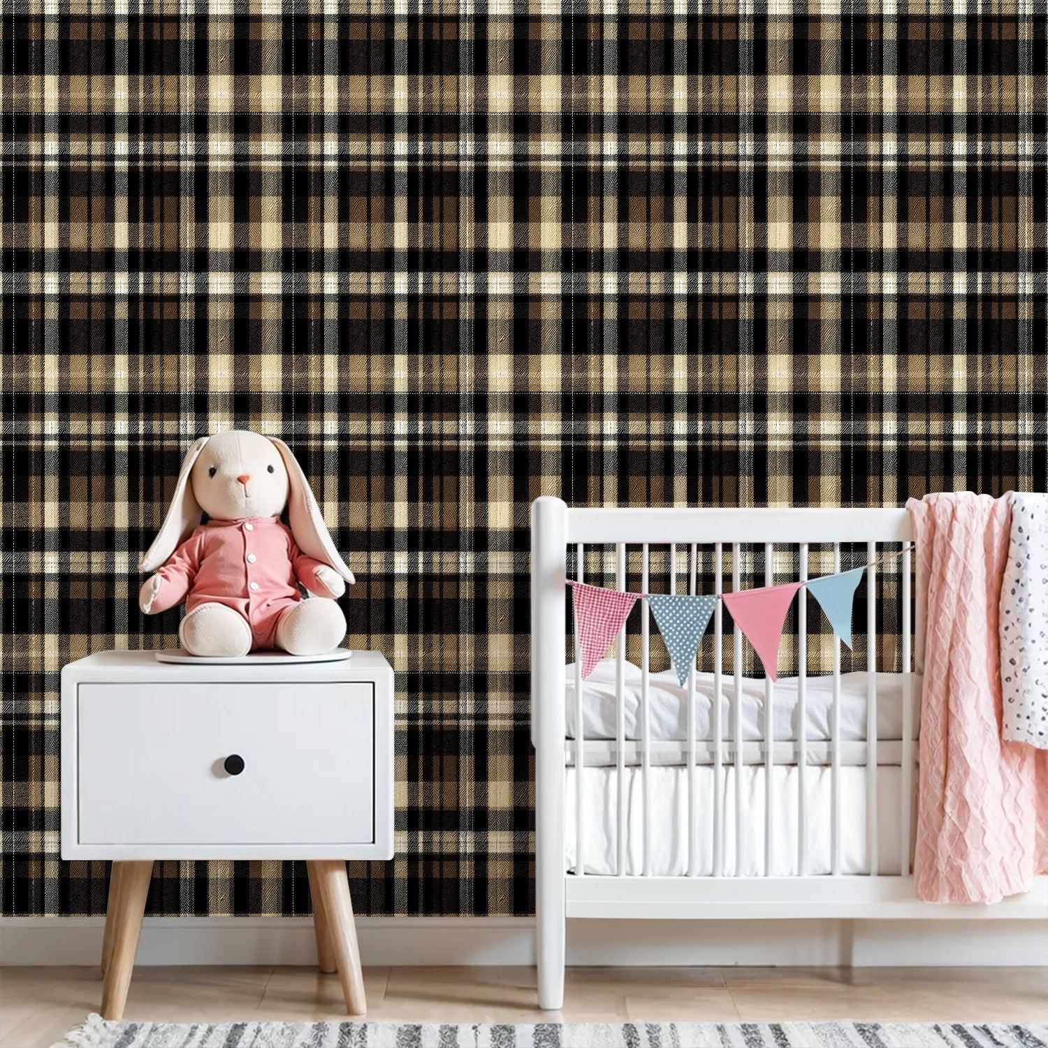 Peel and Stick Wallpaper Tartan plaid gold brown beige black Modern herringbone Wall Mural 23.6in x 9.8ft Self Adhesive Removable Wall Paper Renter Friendly Wallpaper for Bedroom Nursery