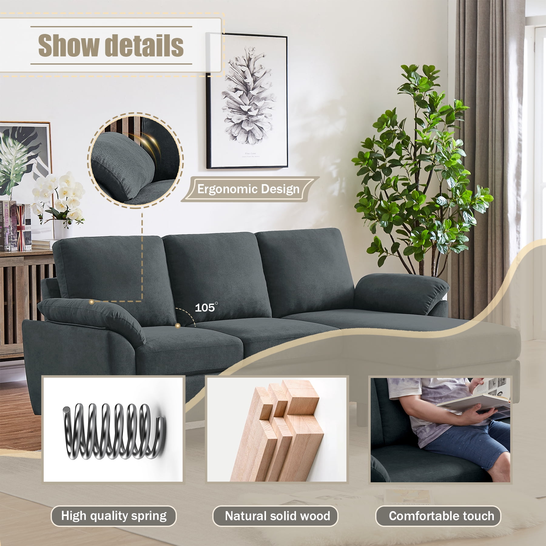 Jarenie 80" Convertible Sectional Sofa, Small L Shaped 3 Seat Couch with Reversible Storage Chaise, Modern Polyester Fabric Sofa Couches for Living Room, Apartment and Small Space, Darkgrey