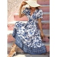 thumbnail image 4 of Women'S 2025 Summer Puff Sleeves Boho Floral Print Casual Flowy Long Maxi Dress Blue XXL, 4 of 5