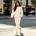 thumbnail image 4 of Women 2 Piece Outfits Fall Sweatsuit Lounge Set | Long Sleeve Drop Shoulder Crewneck Sweatshirt,Wide Leg Sweatpants,Casual Tracksuit,Winter Vacation Travel Outfits Khaki L, 4 of 5