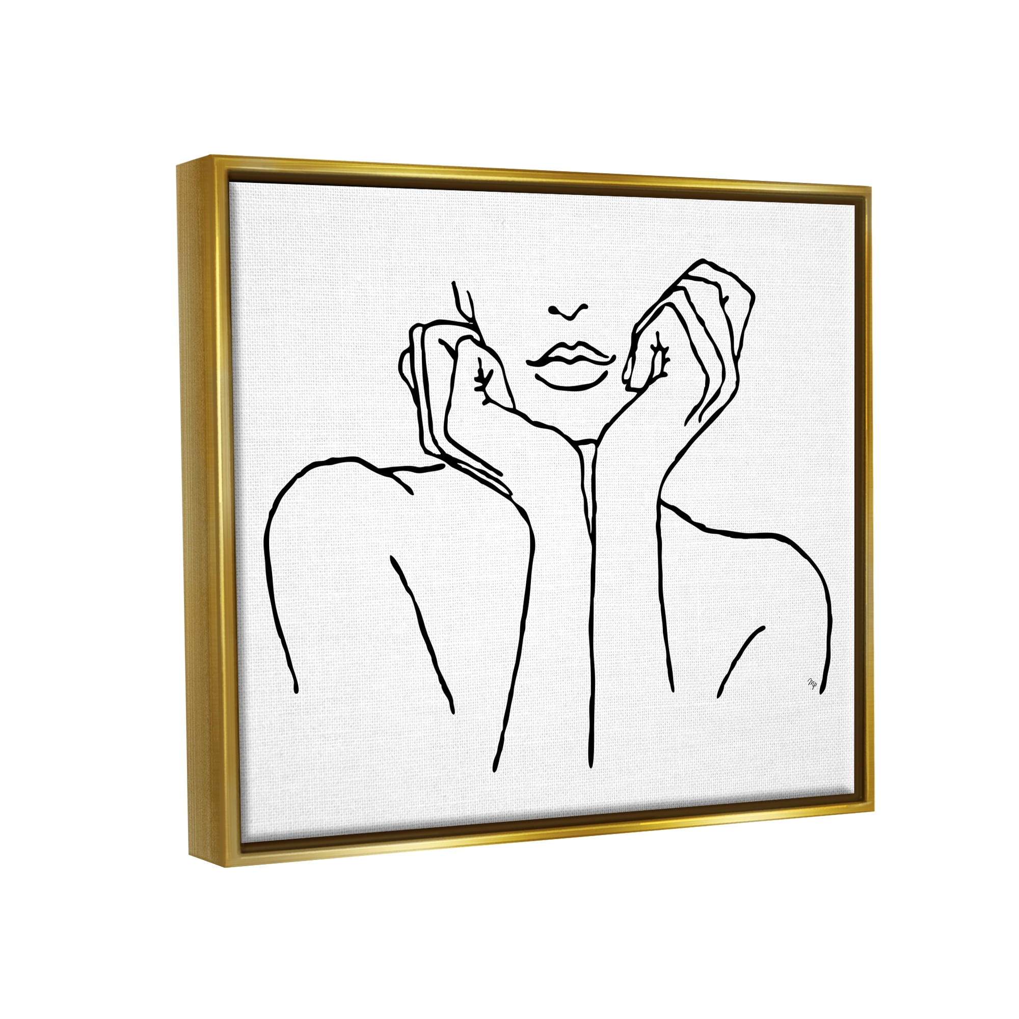 Stupell Industries Woman Face Outline Doodle Abstract Painting Gold Floater Framed Art Print Wall Art, 31 x 25