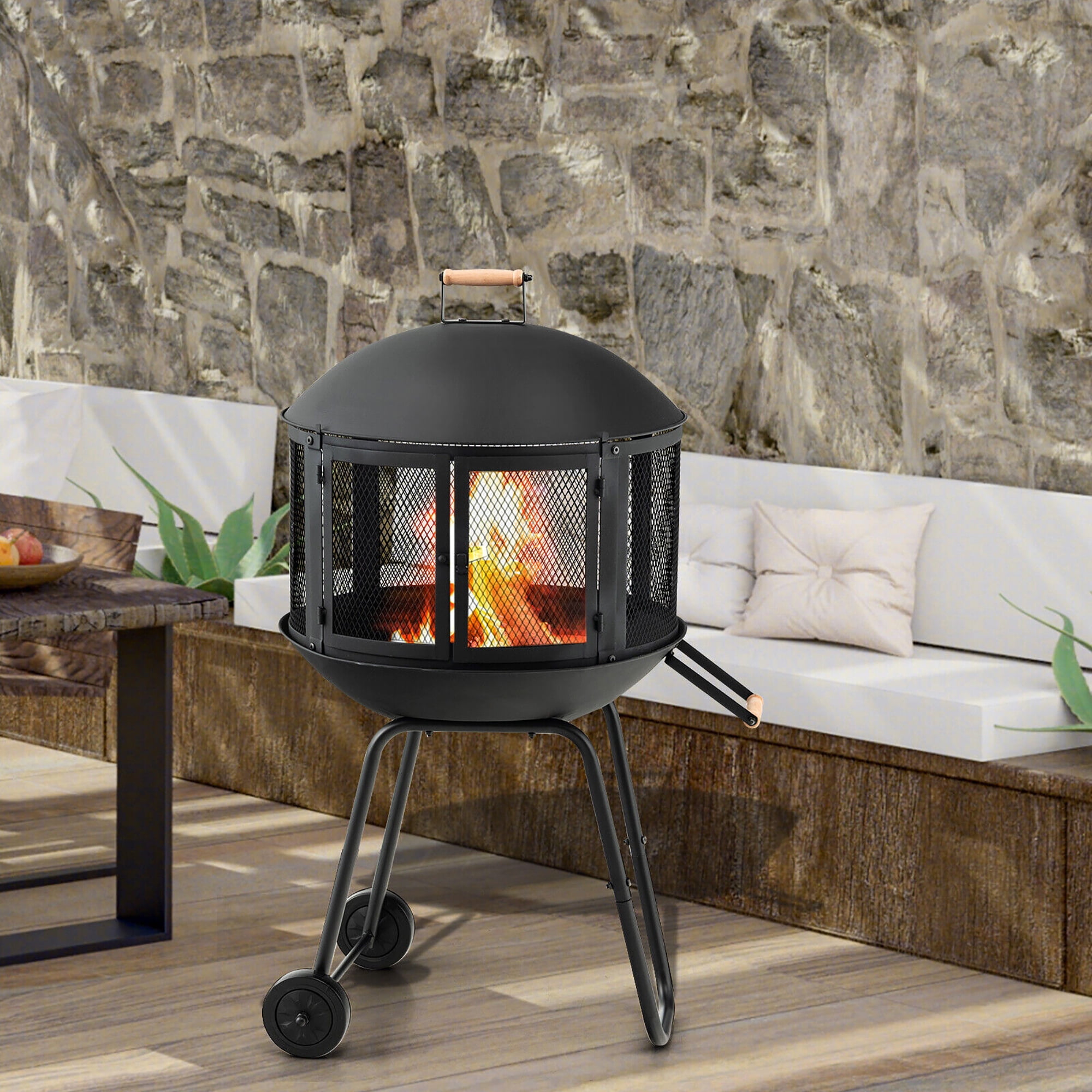 Gymax 28'' Patio Rolling Fire Pit Wood Burning Firepit w/ Wheels Mobile  Fireplace | Walmart Canada