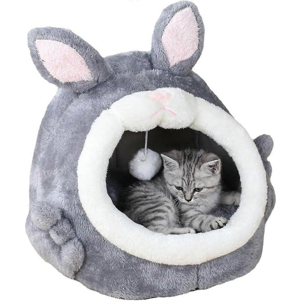 Cat bed, small dog bed with non-slip bottom, rabbit-shaped cat hole with hanging ball toy, warm cave nest sleeping bed with removable cushion, gray AS