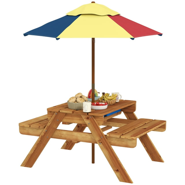 Outsunny Table de Pique-Nique pour Enfants 3-en-1 Table de Sable et d'Eau avec Parapluie Pliable