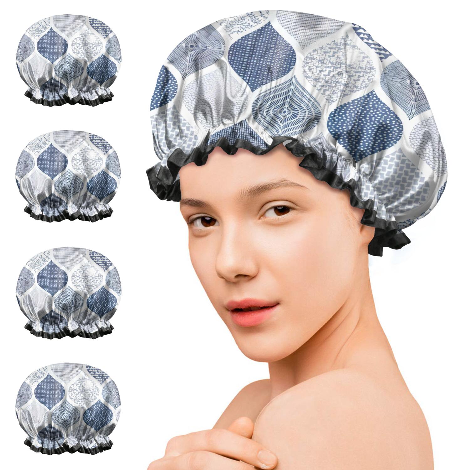 Shower Caps,Blue and White Geometric Quatrefoil Pattern Waterproof Shower Cap for Women 4 Pieces,Double Reusable Hair Cover for Shower PEVA Elastic Stretch Hem