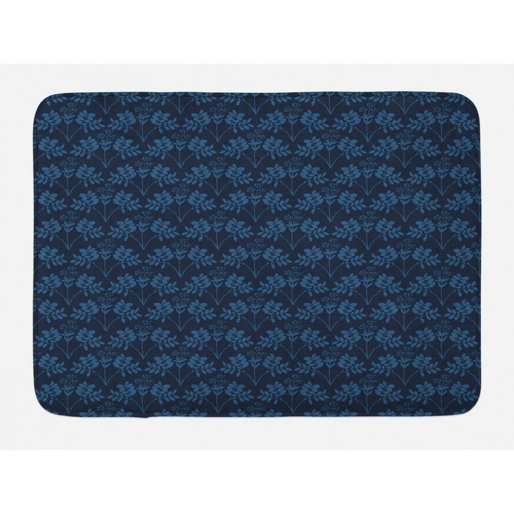 Indigo Bath Mat, Ocean Inspired Garden Botanic Floral Details Leaves