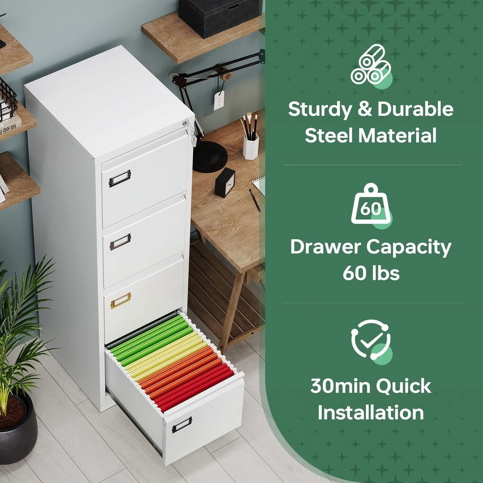 MIIIKO 4 Drawer File Cabinet,Metal Vertical Filing Cabinets with Lock,Storage A4/F4/Letter/Legal for Home Office-Assembly Required (4 Drawer-White)