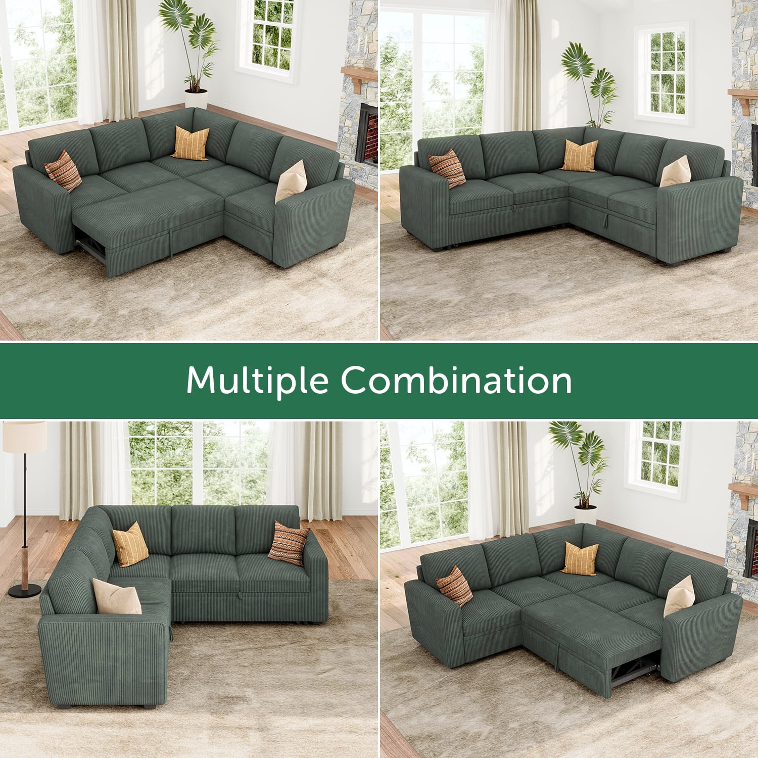 Marrber 83.4” Modular L-Shaped Corduroy Sectional Sleeper Sofa with Pull-Out Bed and Storage for Living Room, Green