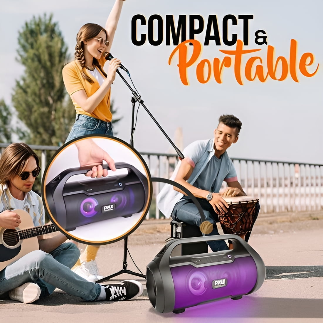 Pyle PBMWP185 - BoomBox Speaker System - & Portable Stereo Radio Speaker with Built-in RGB Lights, FM Radio