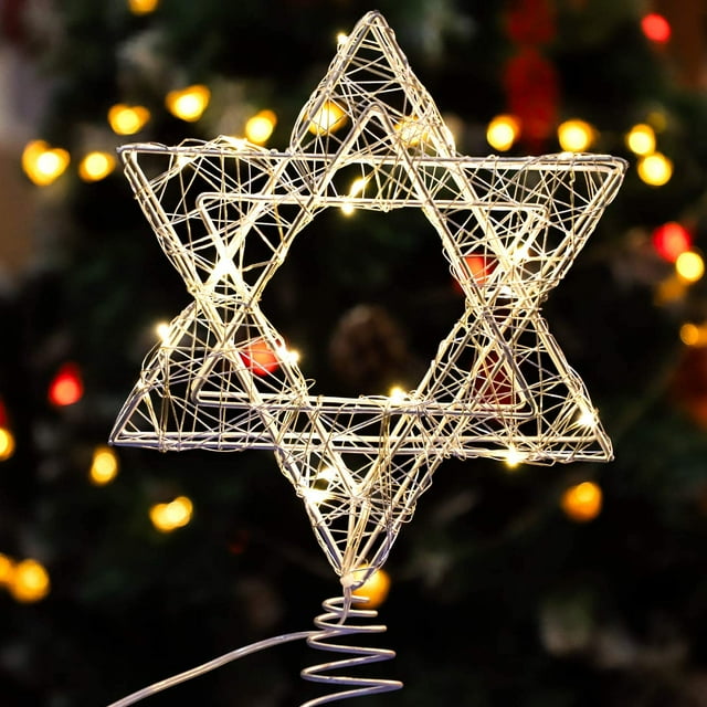 Star of David Hanukkah Christmas Rattan Tree Topper with Warm White LED String, Wire Weaving, Battery Powered, 7'' Star Tree Topper for Chanukah, Diwali, Birthday, Wedding, Parties & Home