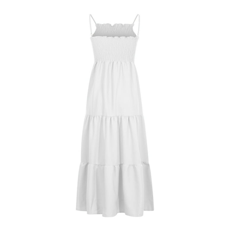 Lovskoo Womens Boho Summer Dresses Maxi Dress Spaghetti Strap Smocked Tiered  Long Beach Sun Dresses Sleeveless Solid Dress White - Walmart.com