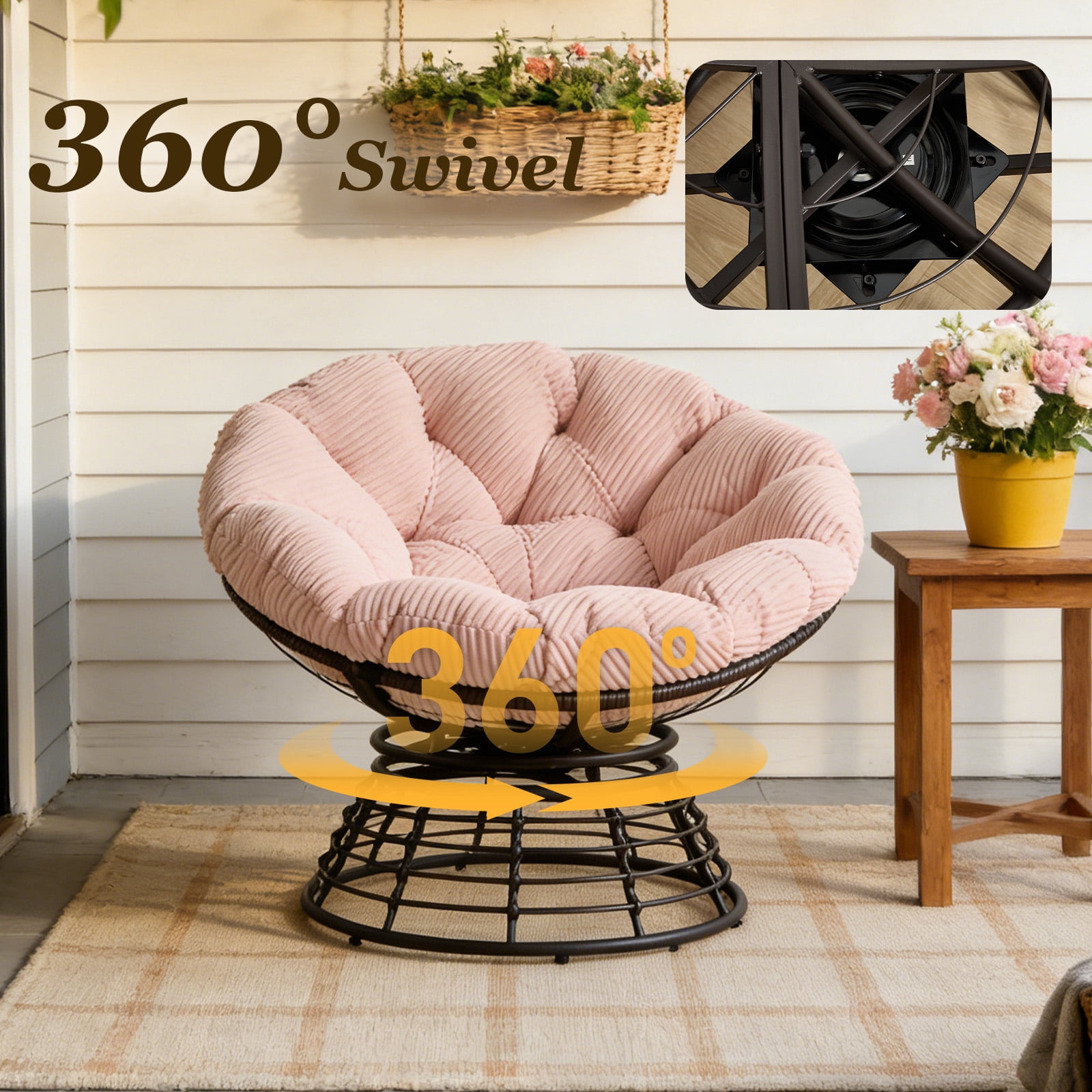 MOONMISS 360° Swivel Wicker Papasan Chair with Soft Thick Cushion for Living Room,Pink