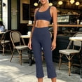 thumbnail image 6 of Women Racerback Scoop Neck Sports Bra High Waist Cropped Flare Pants 2 Piece Athletic Workout Outfit Sets Navy L, 6 of 9