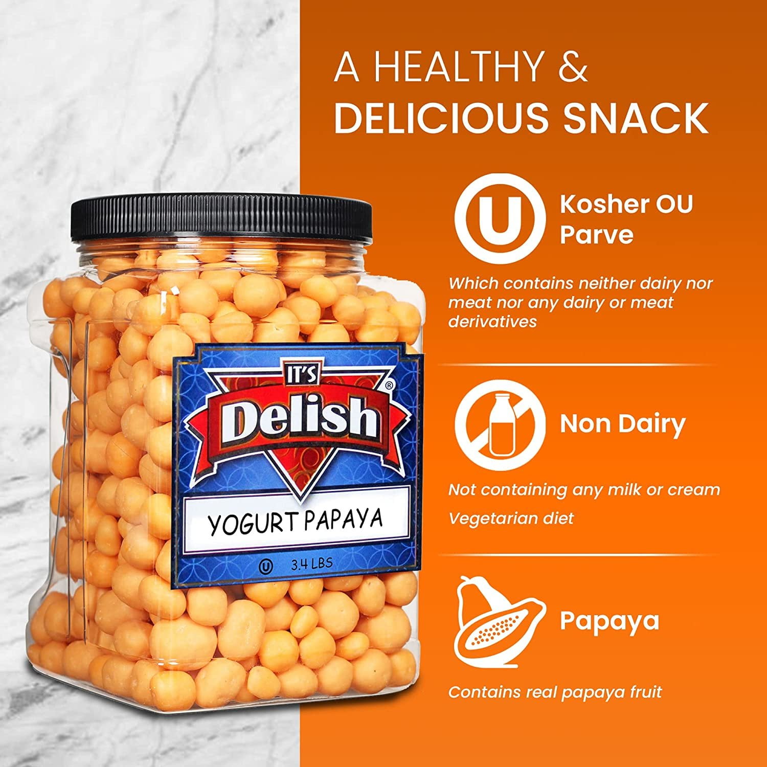 Yogurt Covered Dried Papaya Dices by It's Delish, 3 LBS Jumbo Container  Kosher Dairy-Free Jumbo Yogurt Covered Fruit for Vegan Snacking  Dried Diced Papaya Coated in Yogurt-Flavored Shell Snack...