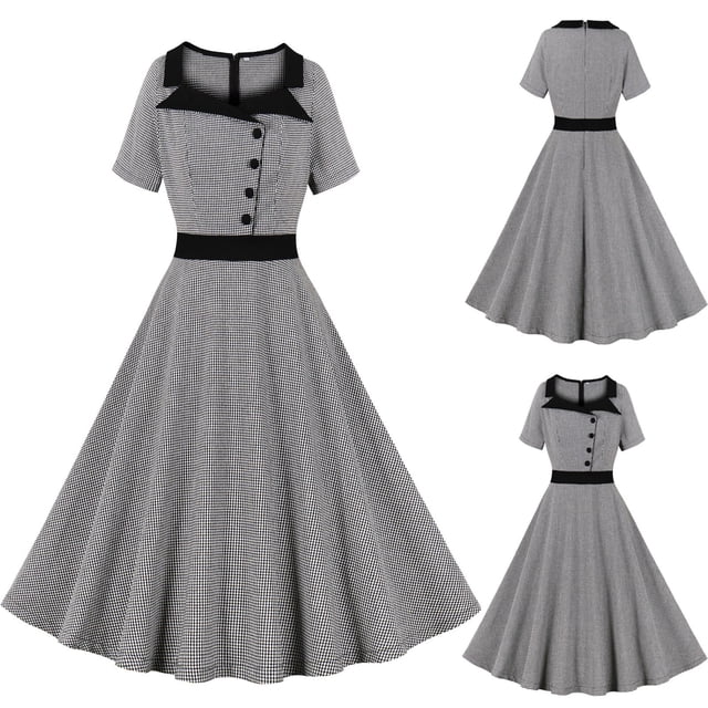 Fankiway Robe Rétro pour Femmes Col en V Manches Courtes Nœud Papillon Ceinture Bouton Grande Jupe Ourlet Robes pour Femmes Grande Taille Liquidation Robes d'Été pour Femmes Manches Courtes