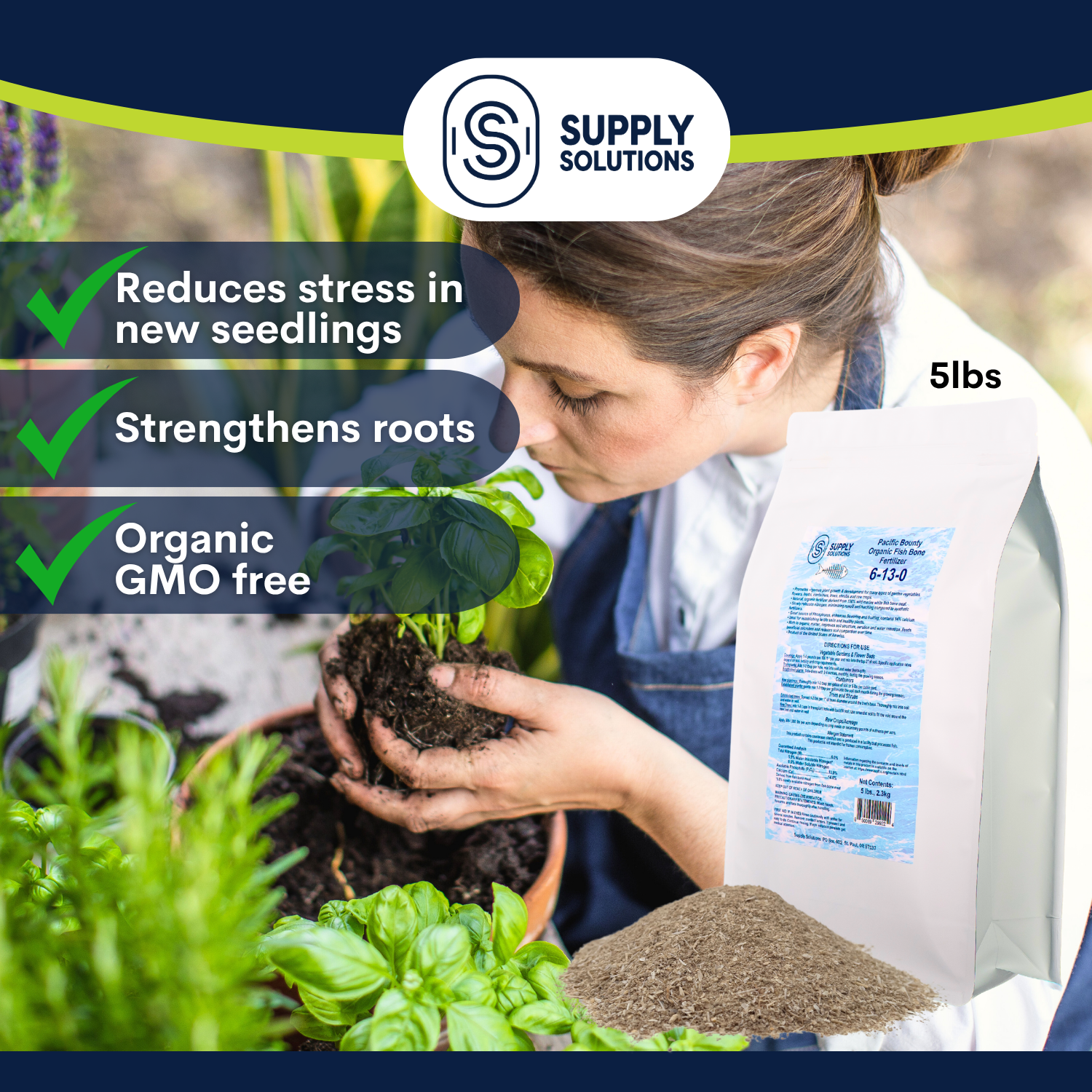 Supply Solutions Pacific Bounty Organic Fish Bone Meal Fertilizer 6-13-0 - Plus 14% Calcium for Plants Root Development- High Phosphorus Plant Food for Tomatoes, Flowers, Bulbs, Veggies (5lbs)