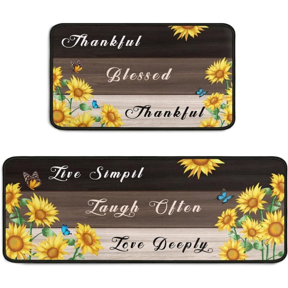 Set of 2 Sunflower Kitchen Decor Rug Set, Home Kitchen Sink Rugs and Mats Non Skid Washable Absorbent Microfiber Kitchen Floor Carpet 17" x 47" 17" x 30"
