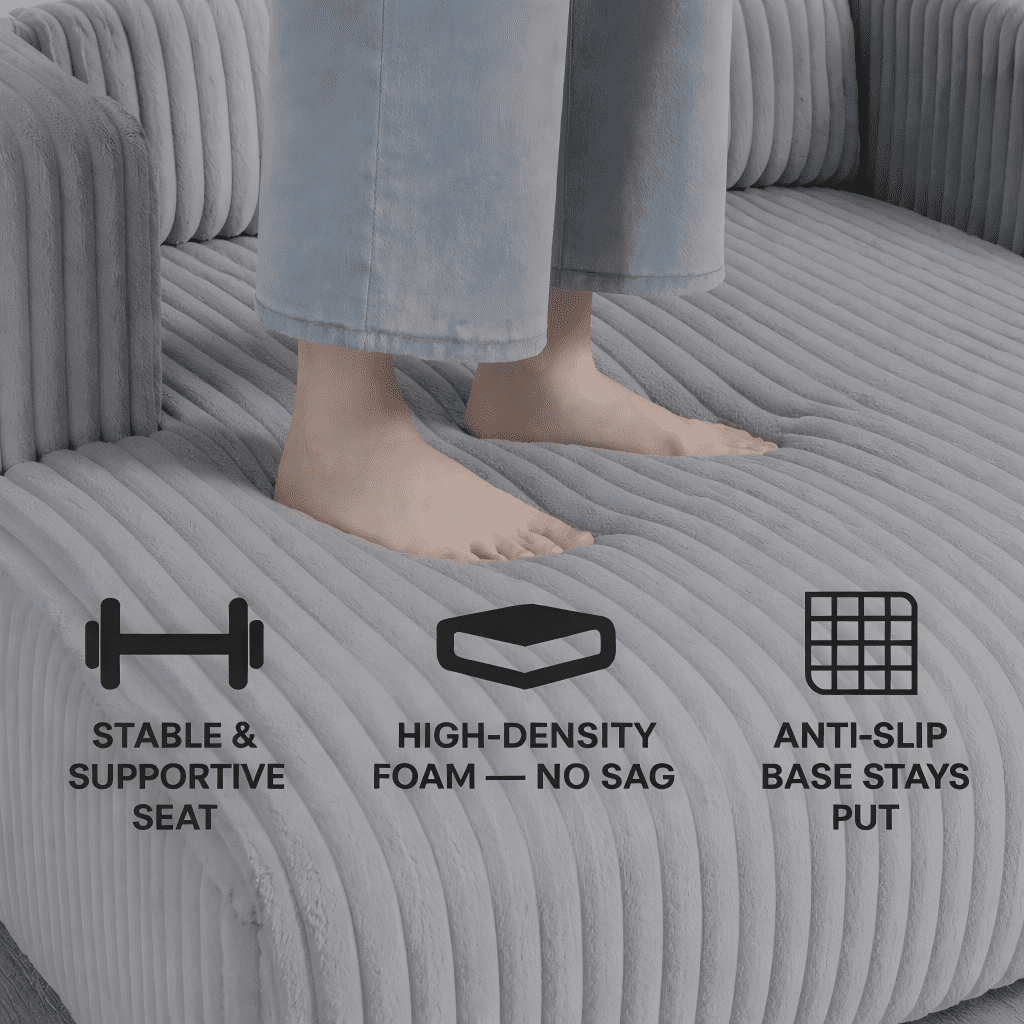 Miniyam Oversized Corduroy Chaise Lounge Sofa, Deep Seat Plush Couch with Pillows, Upholstered Floor Sofa, No Assembly for Living Room Bedroom, Gray