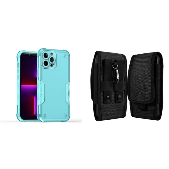 Case with Belt Holster Bundle for iPhone 14 Pro Max: Slim EX Hybrid Series Shockproof Case (Teal) and Vertical Rugged Nylon Phone Pouch