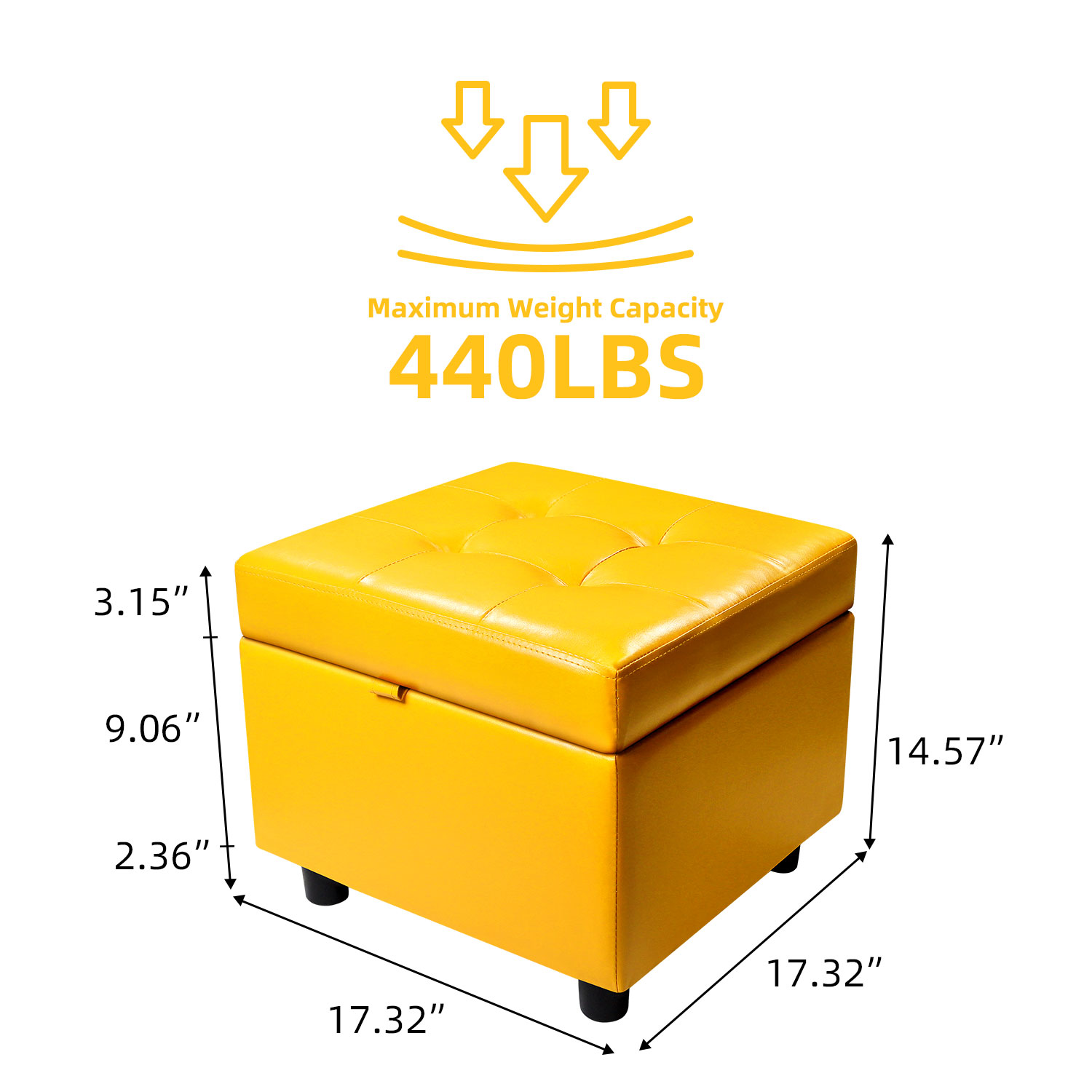 H&B Luxuries Tufted Leather Square Flip Top Storage Ottoman Cube Foot Rest (Yellow with Storage)