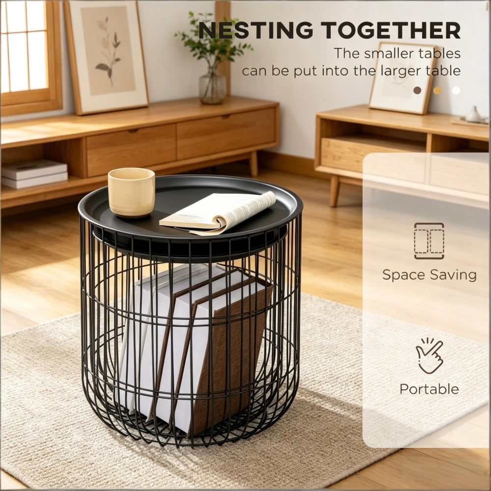 Nesting Side Table Set of 2, Bird-Cage Style Steel End Tables with Hidden Storage Space, Powder-Coated Frame, Space-Saving Accent Storage Tables, Black