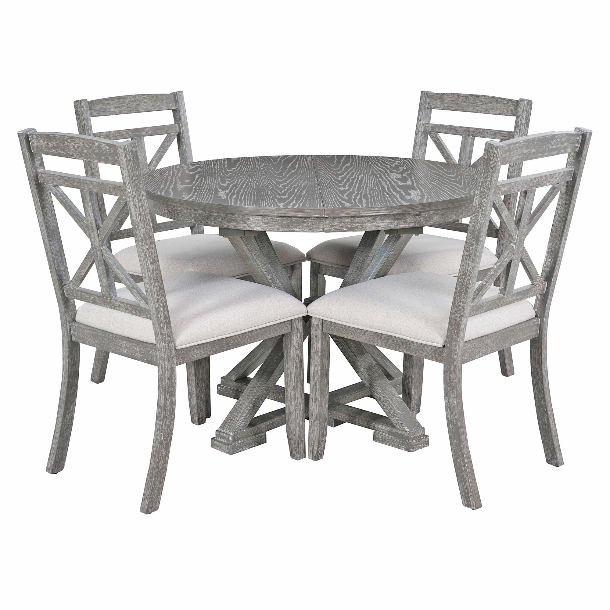 Euroco 5-Piece Retro Dining Table Set with Extendable Round Dining Table and 4 Upholstered Chairs for Dining Room and Living Room,Grey