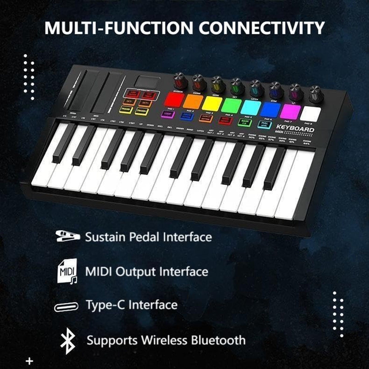 Ataucjin 25 Key MIDI Keyboard Controller with DAW Integration, USB MIDI Keyboard Controller with 8 Drum Pads, 8 Knobs & OLED Display, Compact, Perfect for Music Production