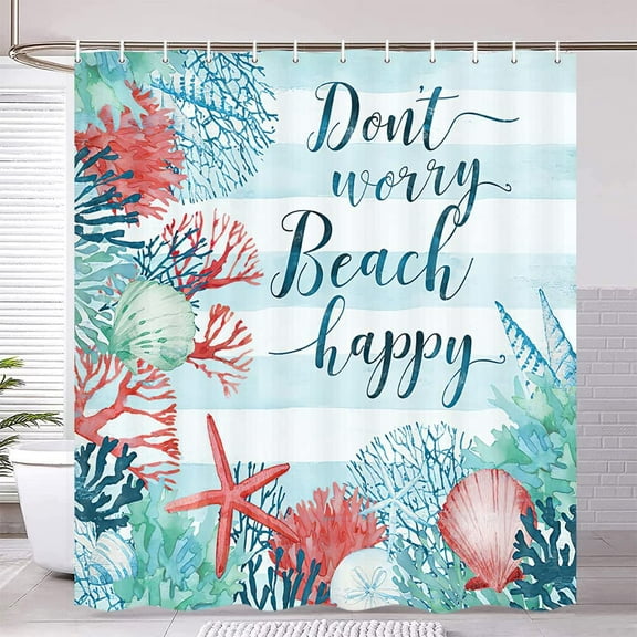 Beach Shower Curtain, Blue Teal Tropical Ocean Fabric Shower Curtain Set, Seashell and Starfish Red Coral Summer Coastal Bathroom Shower Curtain Sets Accessories Decor with Hooks 72x72 in