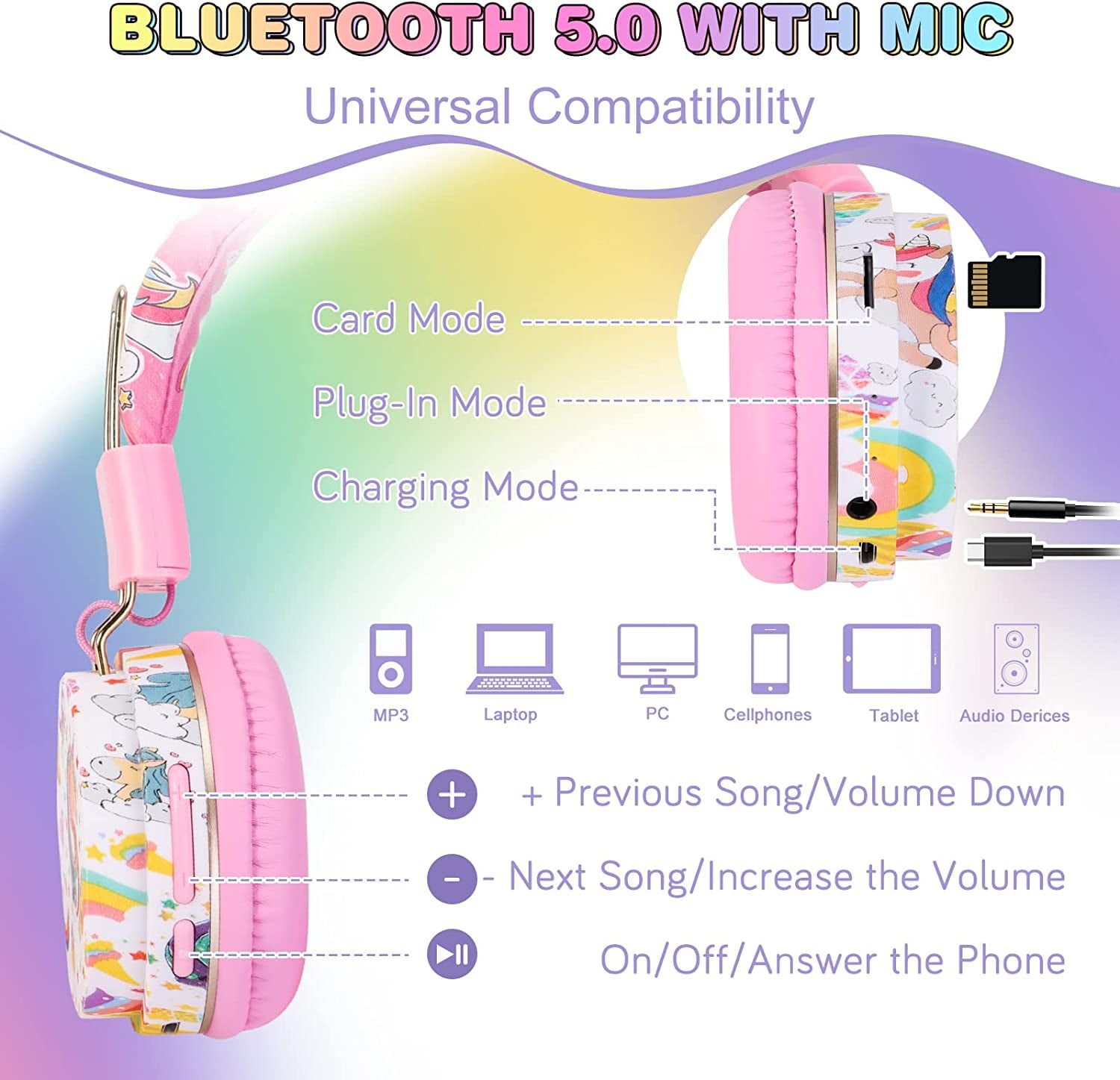 TCJJ Unicorn Headphones for Girls Kids for School, Kids Bluetooth Headphones with Microphone & 3.5mm Jack, Teens Toddlers Wireless Headphones with Adjustable Headband for Tablet/PC