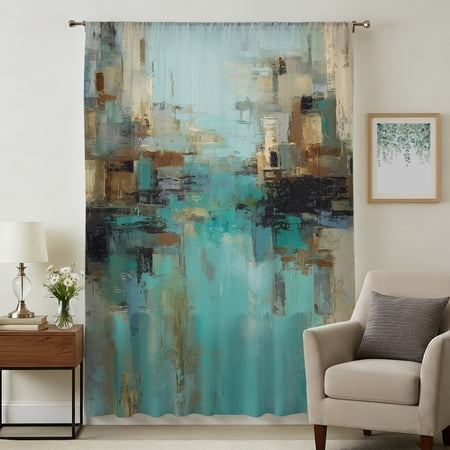 Modern Abstract Sheer Curtains 54 Inches Long Country Color Blocks Teal Brown Light Filering Curtains Breathable Simi Curtain Privacy Drapes for Kitchen Bathroom Lightweight Small Window Treatment