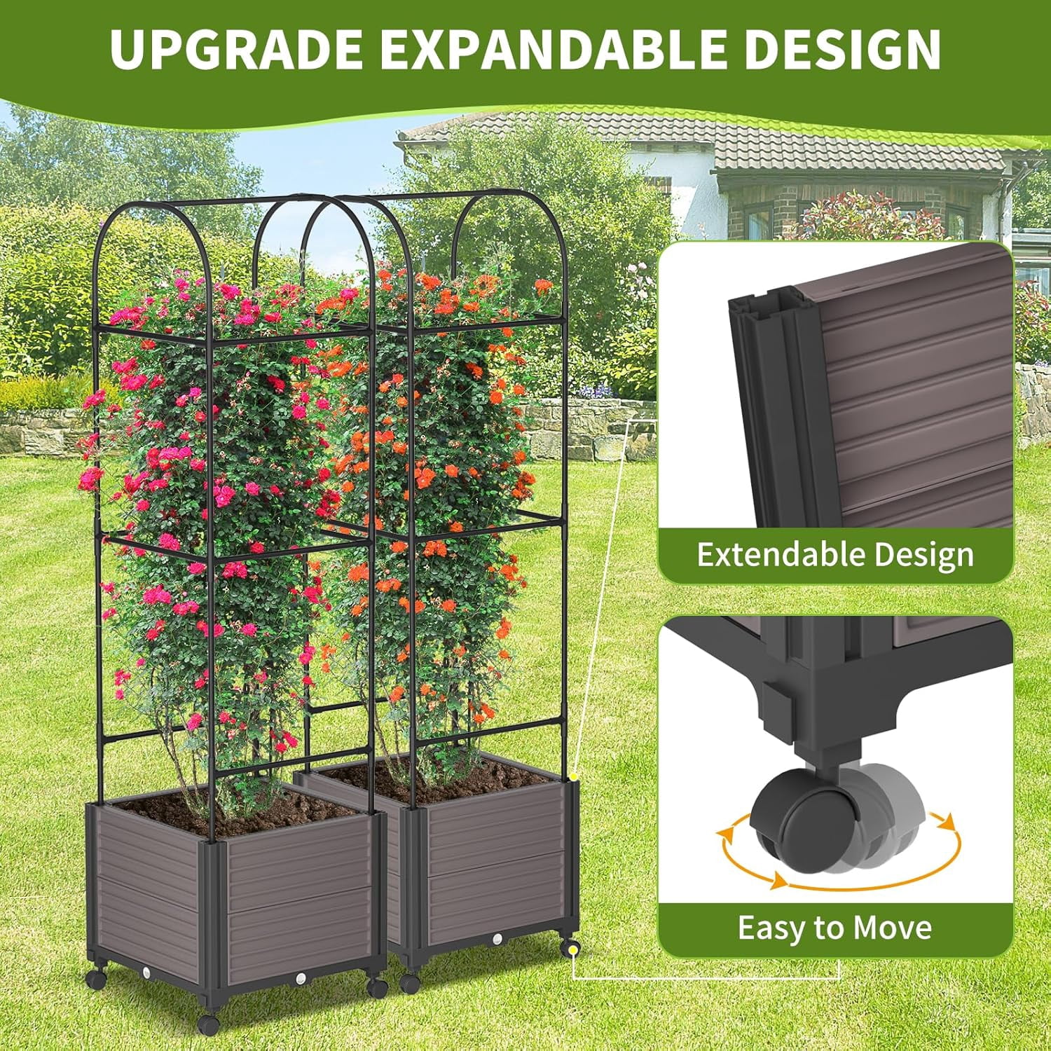 Slsy 2 Pack Raised Garden Bed Planter Box with Wheels,Tomato Cage Planter Raised Garden Bed with Trellis for Climbing Vegetables Plants Tomato Cage, Indoor Outdoor Use