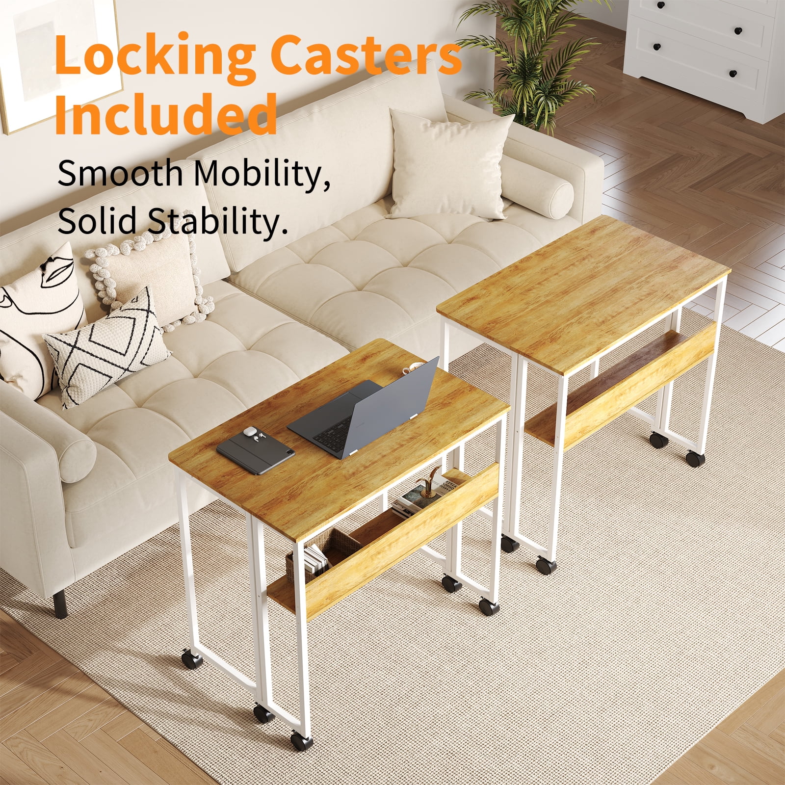 Folding Desk Small Rolling Desk with Storage Shelf,24.8 inch Foldable Computer Desk with Wheels, for Small Spaces, Home Office, Study, Easy Assembly