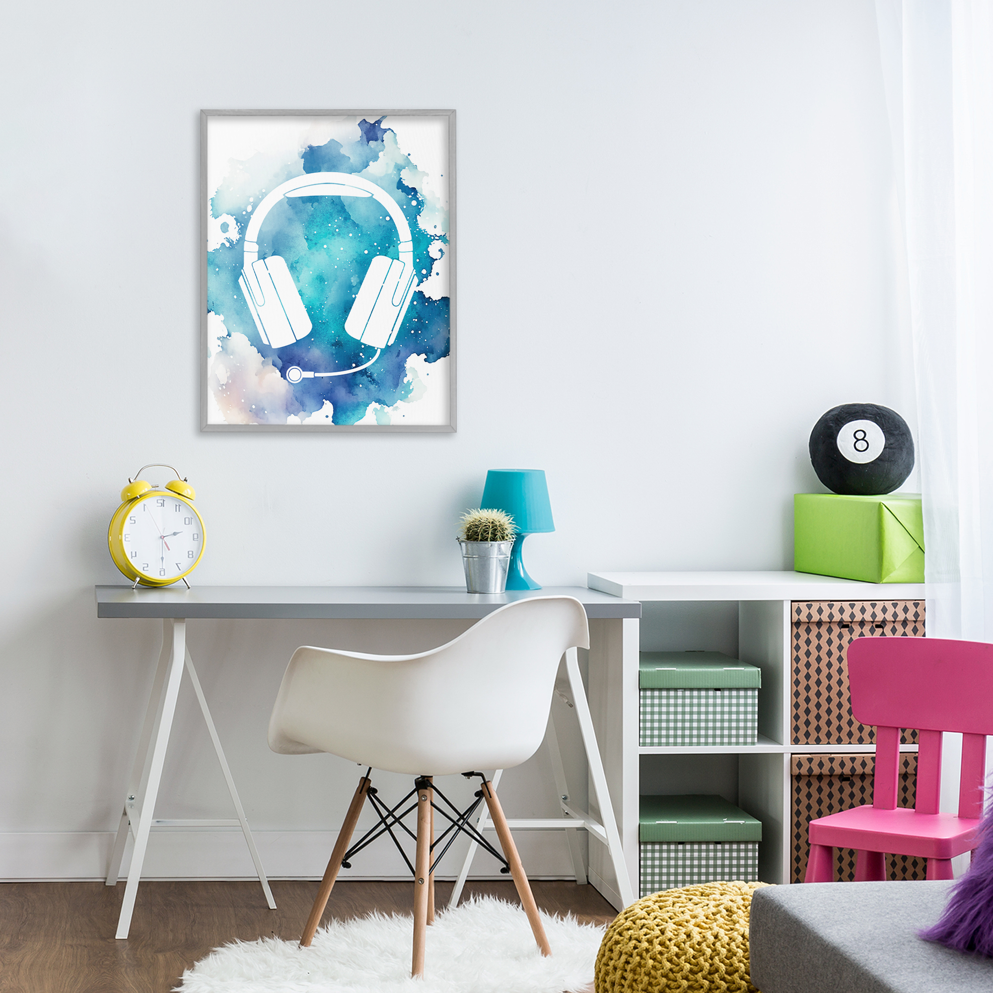 Blue Headphone Splatter Gray Framed Giclee Art, design by Marcus Prime