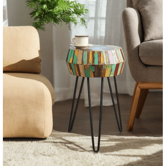 XgoodX Side End Table Solid Reclaimed Wood  Nightstand Round 3D Round  22" H