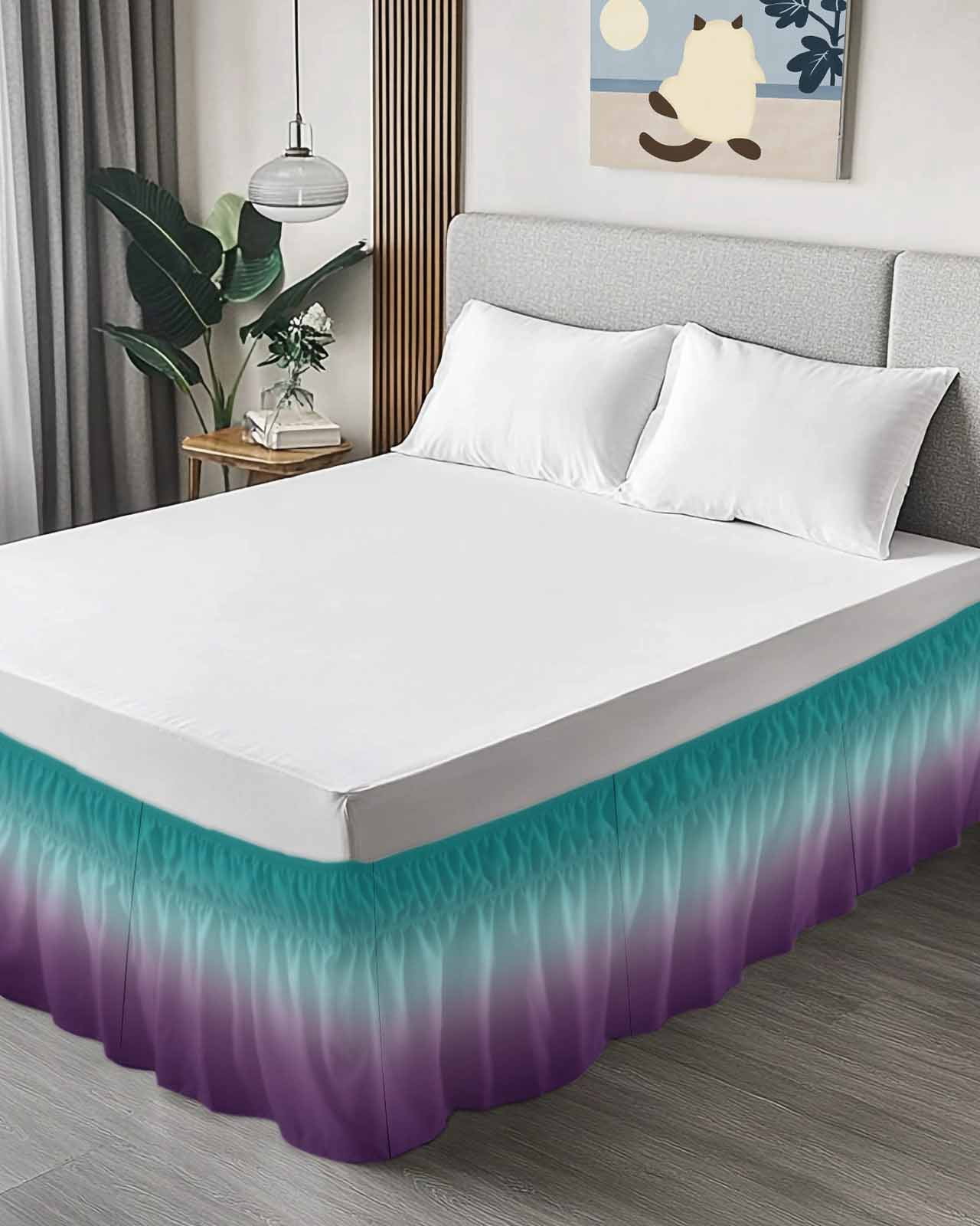 Cyan Turquoise Bed Skirt Queen Size 18" Drop Purple Gridient Ruffled Wrap Around Bed Skirts Adjustable Elastic Bedskirt Dust Ruffle for Queen Size Bed