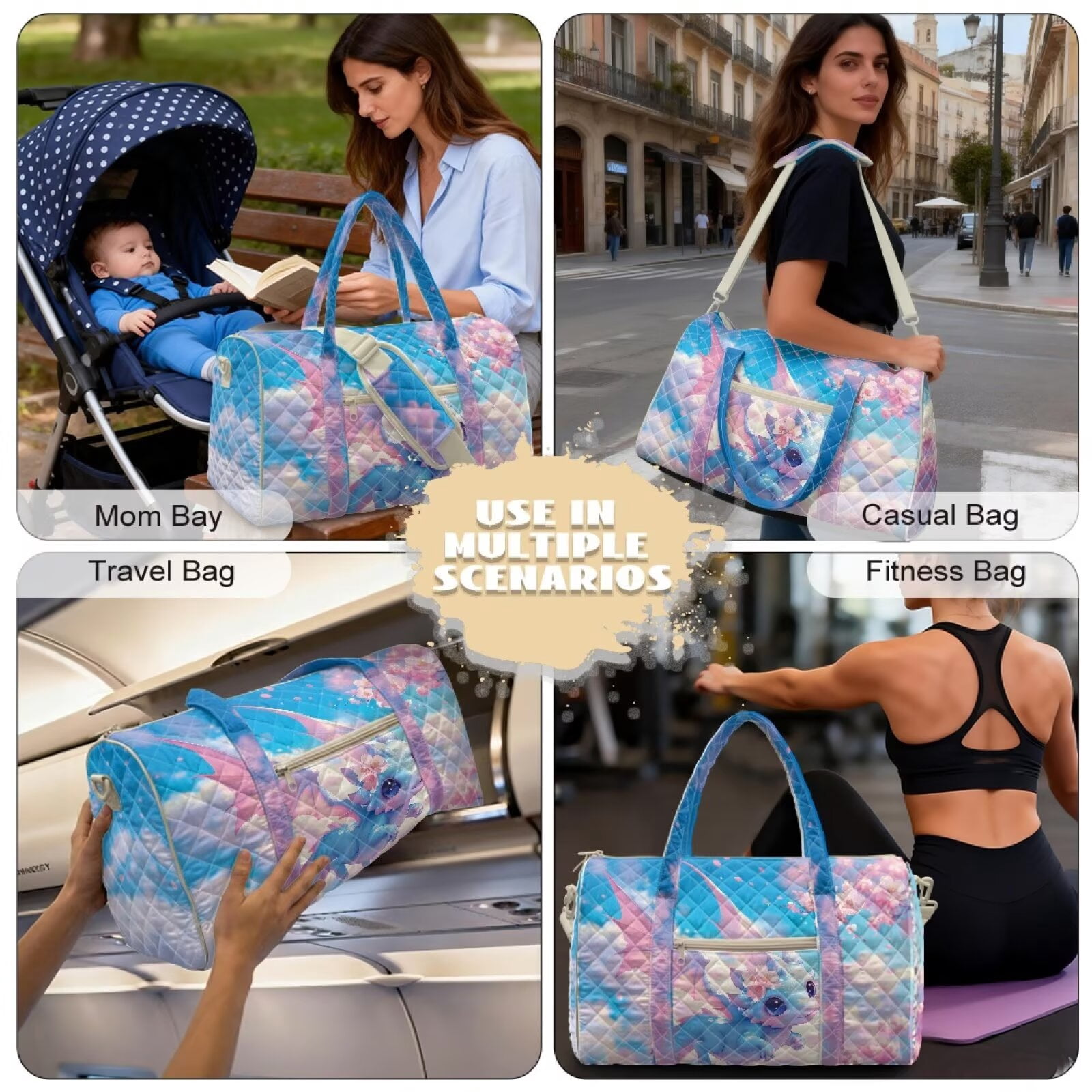 Garronmavis Cute Cherry Blossom Dragon Print Large Quilted Duffle Bag for Women, Weekender Travel Bag Carry On Bag for Gym, Dance, Overnight Trips