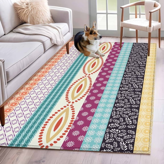 3'x5' Rug for Living Room Bedroom, Bohemia Ethnic Washable Area Rugs Non-Slip Carpet Mats, Boho Tribal Teal Orange Purple Stripes Leaves Indoor Low Pile Area Rug Runner for Kitchen, Mudroom