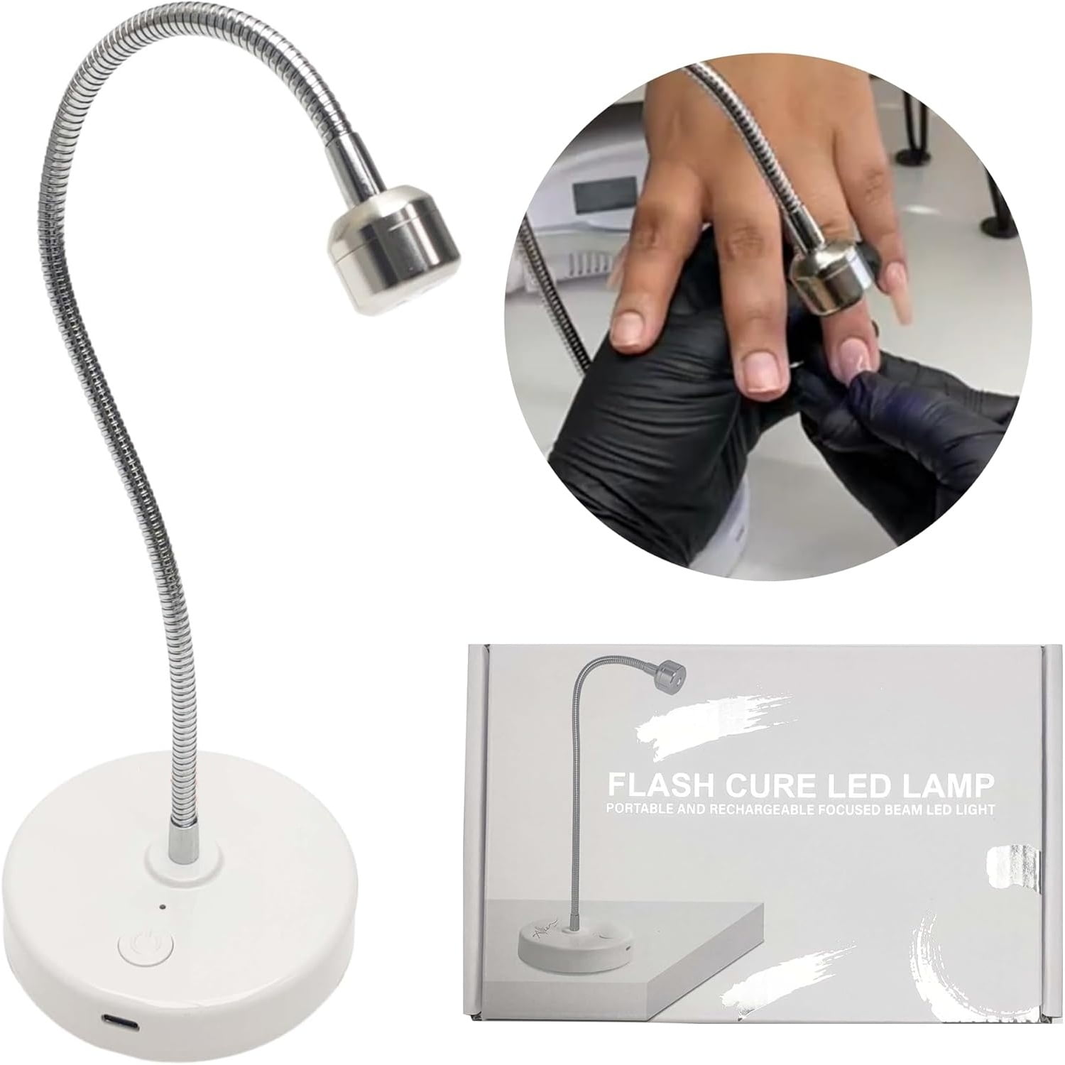 Flash Cure UV Nail Lamp – Gooseneck Gel Nail Light – Cordless Rechargeable LED Curing Lamp for Home & Salon Use – Silver, 3W