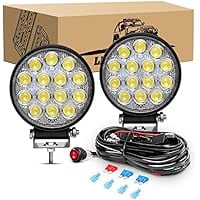 Waywe 2 PCS 4.5Inch 42W Led Round Lights Off Road led Flood Light 4200LM Driving Roof Pods Lamp Bumper Lights with 16AWG Wiring Harness Kit-2 Leads for Trucks Tractor ATV Jeep
