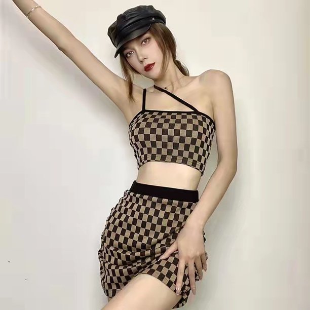 VISgogo Conjunto de 2 piezas de verano para mujer, blusas cortas a cuadros a cuadros + conjunto de falda de cintura alta para damas, negro blanco/negro albaricoque VISgogo moda