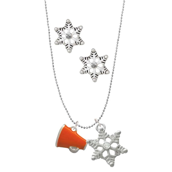 Delight Jewelry Silvertone Small Orange Megaphone Silver tone Snowflake Charm Necklace and Stud Earrings